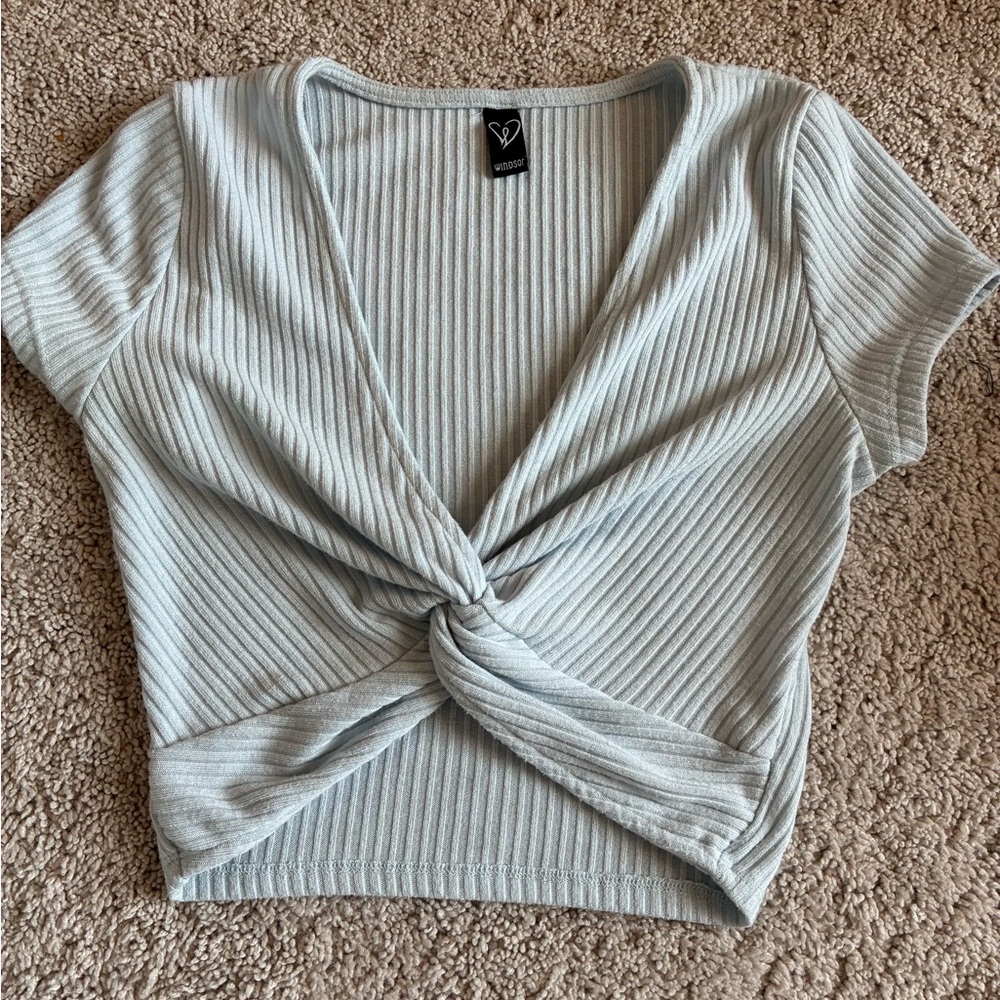 Windsor Light Blue Ribbed Twist Crop Top